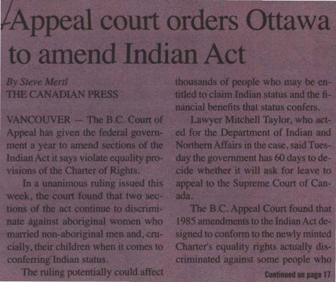 &quot;Appeal court orders Ottawa to amend Indian Act&quot;