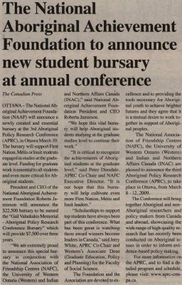 &quot;The National Aboriginal Achievement Foundation to announce new student bursary at annual conference&quot;