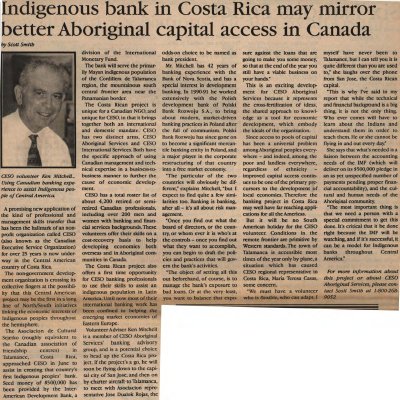 "Indigenous bank in Costa Rica may mirror better Aboriginal capital access in Canada"