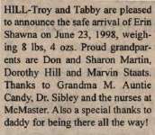 Hill, Erin Shawna to Hill, Troy and Hill, Tabby (Born)