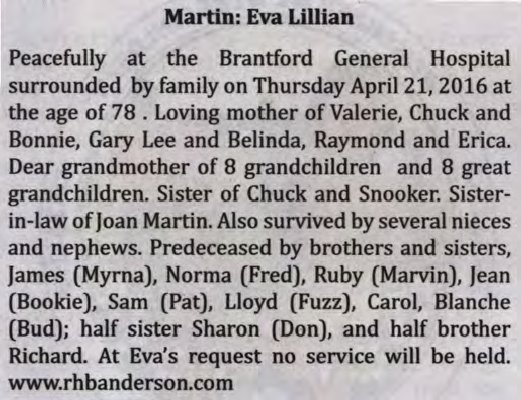 Martin, Eva Lillian (Died)