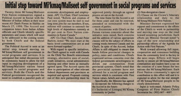 &quot;Initial step toward Mi'kmaq/Maliseet self government in social programs and services&quot;