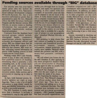 &quot;Funding sources available through &quot;BIG&quot; database&quot;