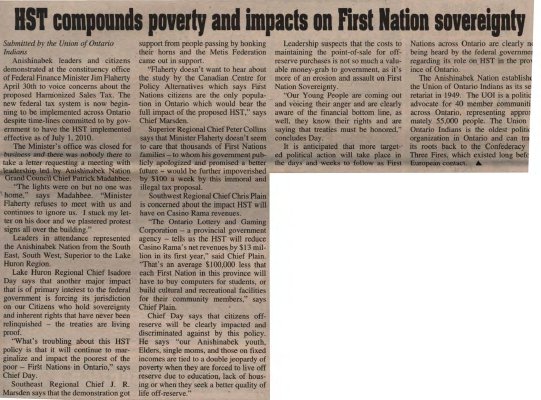 &quot;HST compounds poverty and impacts on First Nation sovereignty&quot;