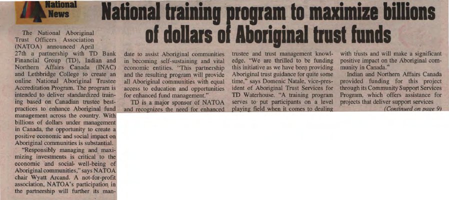 "National training program to maximize billions of dollars of Aboriginal trust funds"