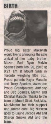 Sparkes, Mazen Earl Ryan Melvin to Maracle, Kayla and Sparkes, Terry (Born)