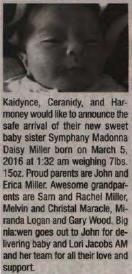 Miller, Symphany Madonna Daisy to Miller, John and Miller, Erica (Born)