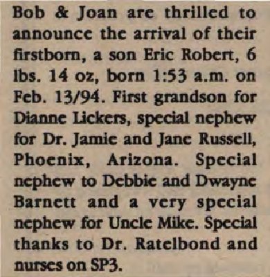 N/A, Eric Robert to N/A, Bob and N/A, Joan (Born)