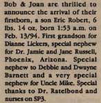 N/A, Eric Robert to N/A, Bob and N/A, Joan (Born)