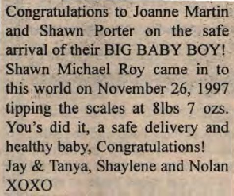 Porter, Shawn Michael Roy to Martin, Joanne and Porter, Shawn (Born)