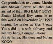 Porter, Shawn Michael Roy to Martin, Joanne and Porter, Shawn (Born)