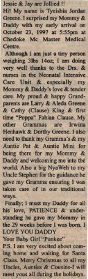 Greene, Tyeishia Jordan to Greene, Jessie and Greene, Jay (Born)