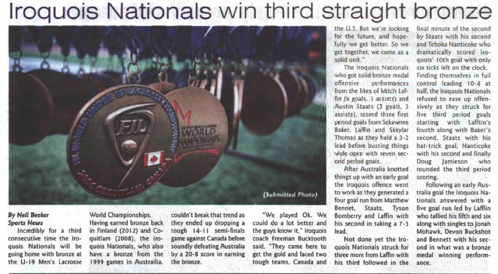 &quot;Iroquois Nationals win third straight bronze&quot;