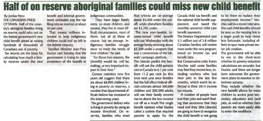 &quot;Half of on reserve aboriginal families could miss new child benefit&quot;