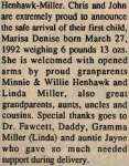 Henhawk-Miller, Marisa Denise to Henhawk, Chris and Miller, John (Born)