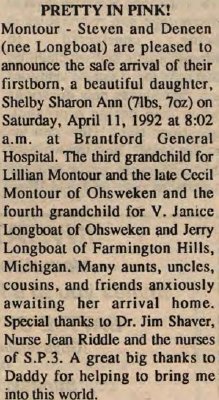 Montour, Shelby Sharon Ann to Montour, Steven and Montour, Deneen (née Deneen Longboat) (Born)