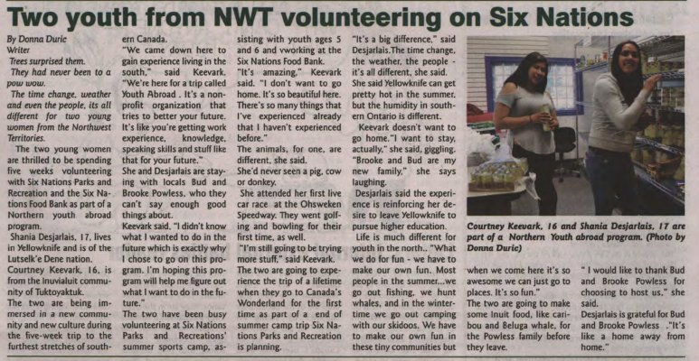 &quot;Two youth from NWT volunteering on Six Nations&quot;