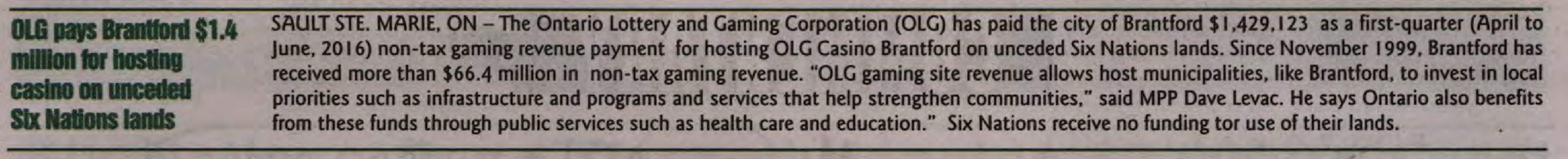 &quot;OLG pays Brantford $1.4 million for hosting casino on unceded Six Nations lands&quot;