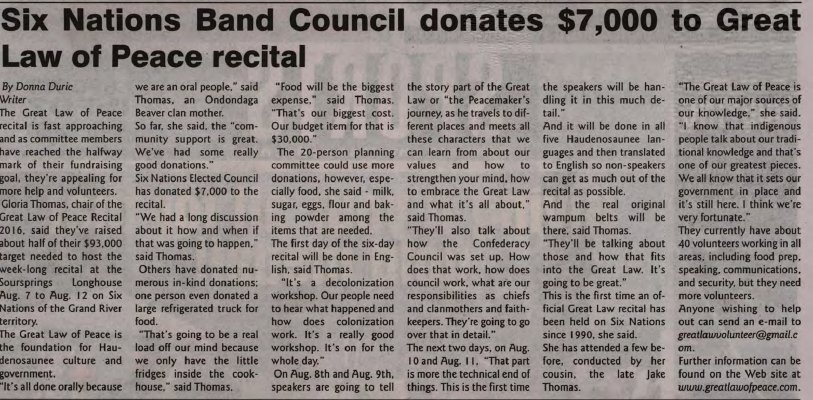 &quot;Six Nations Band Council donates $7,000 to Great Law of Peace recital&quot;