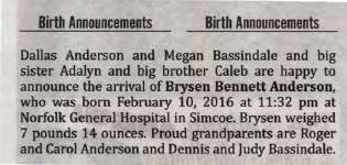 Anderson, Brysen Bennett to Anderson, Dallas and Bassindale, Megan (Born)