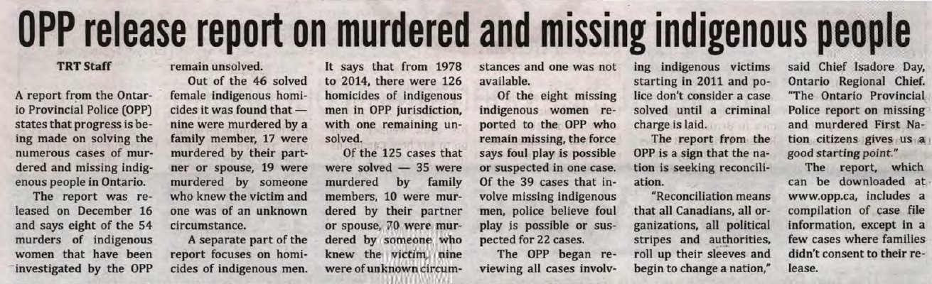 &quot;OPP release report on murdered and missing indigenous people&quot;