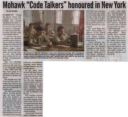 &quot;Mohawk 'Code Talkers' honoured in New York&quot;