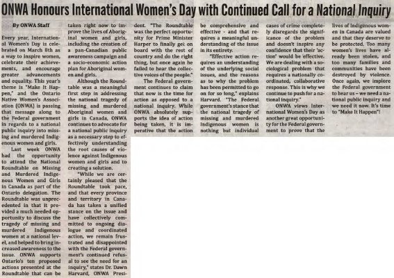 &quot;ONWA Honours International Women's Day with Continued Call for National Inquiry&quot;