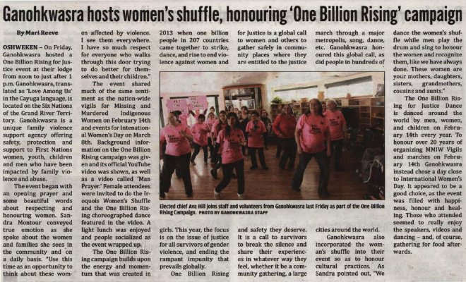 &quot;Ganohkwasra hosts women's shuffle, honoring 'One Billion Rising' campaign&quot;