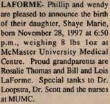 LaForme, Shaye Marie to LaForme, Phillip and LaForme, Wendy (née Wendy Thomas) (Born)