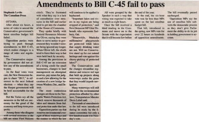 &quot;Amendments to Bill C-45 fail to pass&quot;