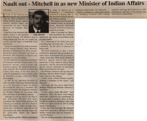 &quot;Nault out - Mitchell in as new Minister of Indian Affairs&quot;