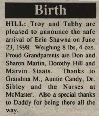 Hill, Erin Shawna to Hill, Troy and Hill, Tabby (Born)