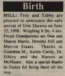 Hill, Erin Shawna to Hill, Troy and Hill, Tabby (Born)