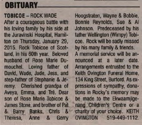 Tobicoe, Rock Wade (Died)