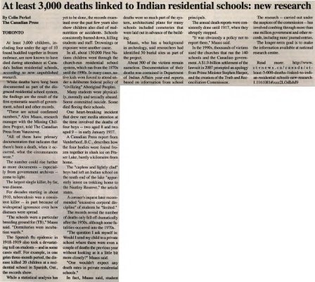 &quot;At least 3,000 deaths linked to Indian residential schools: new research&quot;