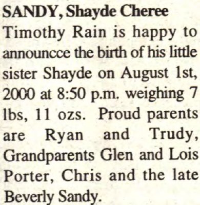 Sandy, Shayde Cheree