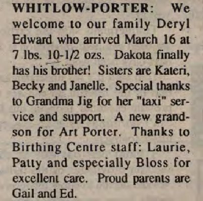 Porter, Deryl Edward to Porter, Ed and Whitlow, Gail (Born)