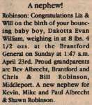 Robinson, Dakotta Evan William to Robinson, Will and Robinson, Liz (Born)
