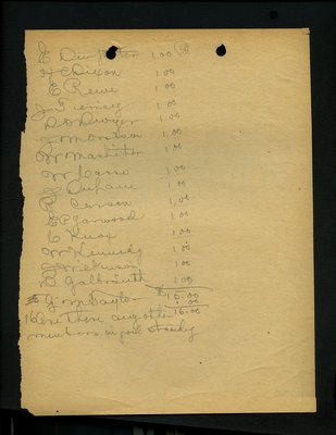 Handwritten list of the sixteen Board of Trade members in good standing