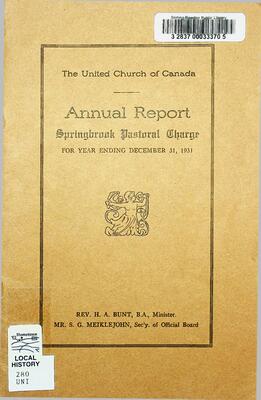 The United Church of Canada Annual Report Springbrook Pastoral Charge, 1931