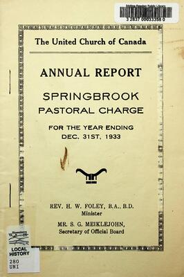 The United Church of Canada Annual Report Springbrook Pastoral Charge 1933