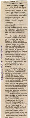 Lillian Emma Arbuckle, Obituary, Newspaper Clipping