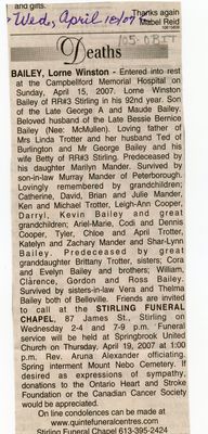 Lorne Winston Bailey Obituary, Newspaper Clipping