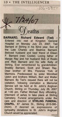 Richard Edward Barnard (Ted) Obituary, The Intelligencer, Newspaper Clipping