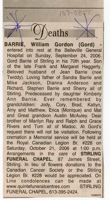 William Gordon Barrie (Gord) Obituary, Newspaper Clipping