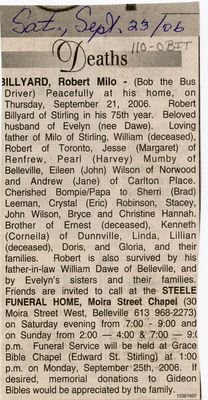 Robert Milo Billyard (Bob the Bus Driver) Obituary, Newspaper Clipping