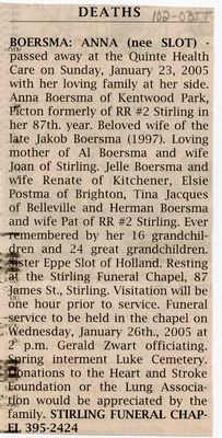 Anna Boersma (nee Slot) Obituary, Newspaper Clipping