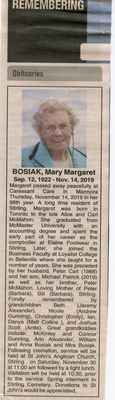 Mary Margaret Bosiak Obituary, Newspaper Clipping