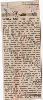 Anton (Tony) Dykstra Obituary