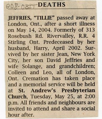 &quot;Tillie&quot; Jeffries Obituary